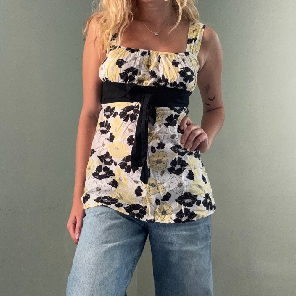 Vintage Charlotte Russe Floral Tie Front Tank Top Yellow Black Size Medium
